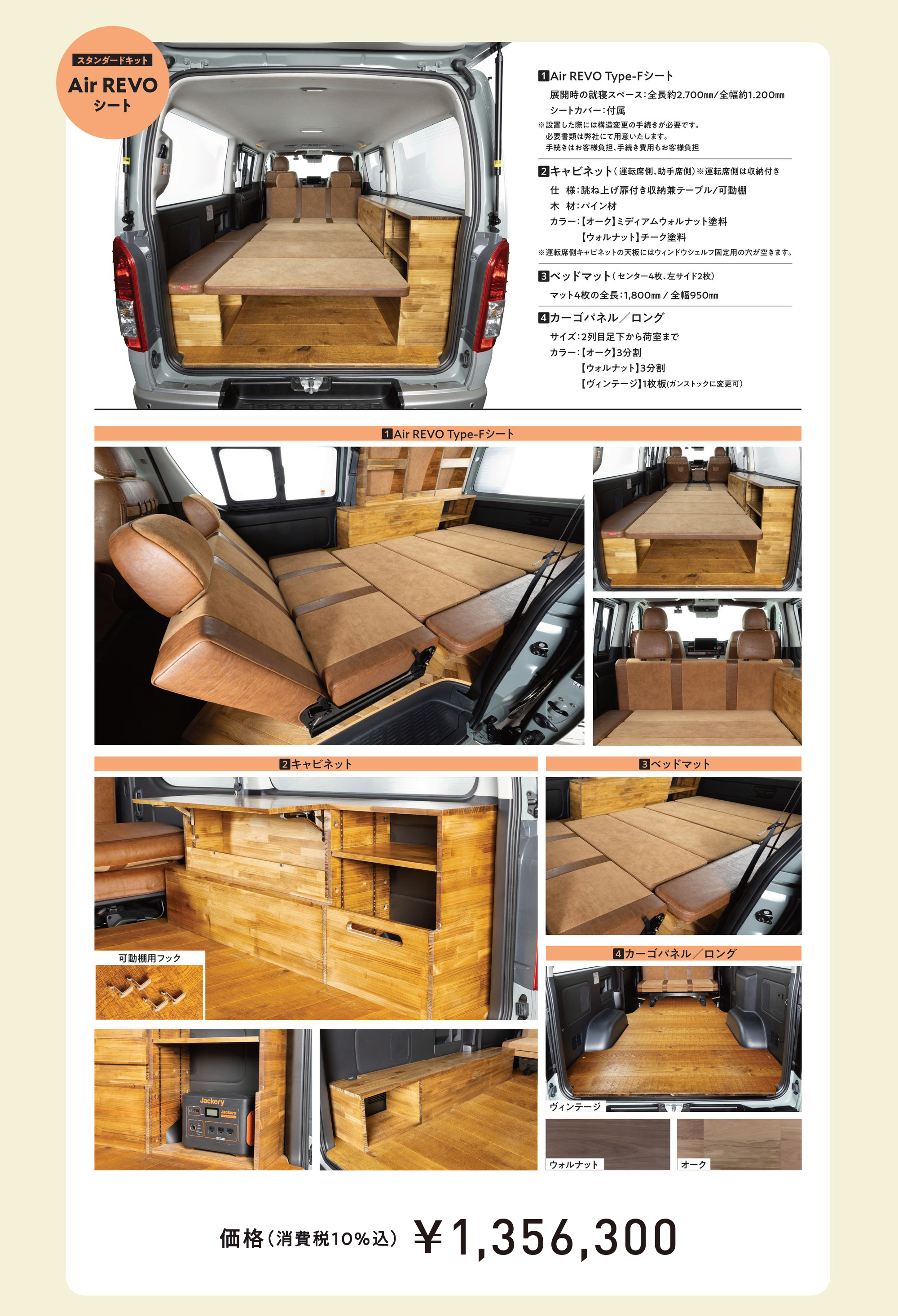 スタンダードキット Air REVOシート。Air REVO Type-Fシート（展開時の就寝スペース：全長約2,700mm／全幅約1,200mm、シートカバー付属）、キャビネット、ベッドマット、カーゴパネル／ロング。価格（消費税10％込）￥1,356,300